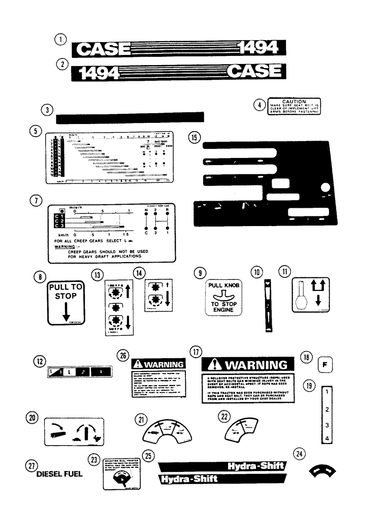 Схема запчастей Case IH 1494 - (9-430) - DECALS, PRIOR TO P.I.N. 11518201, TRACTORS WITHOUT CAB (09) - CHASSIS/ATTACHMENTS