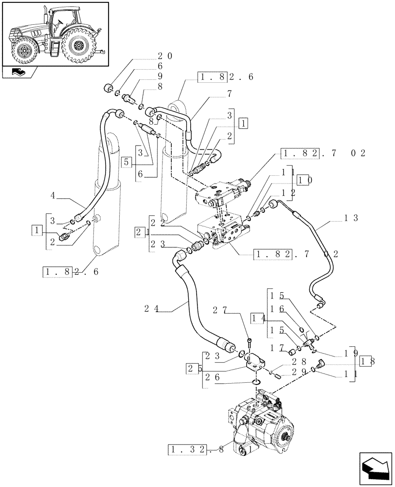 Схема запчастей Case IH MAXXUM 130 - (1.82.1) - LIFTER LINES - LIFT CYLINDERS, LOAD SENSING AND DELIVERY PUMP PIPES (07) - HYDRAULIC SYSTEM