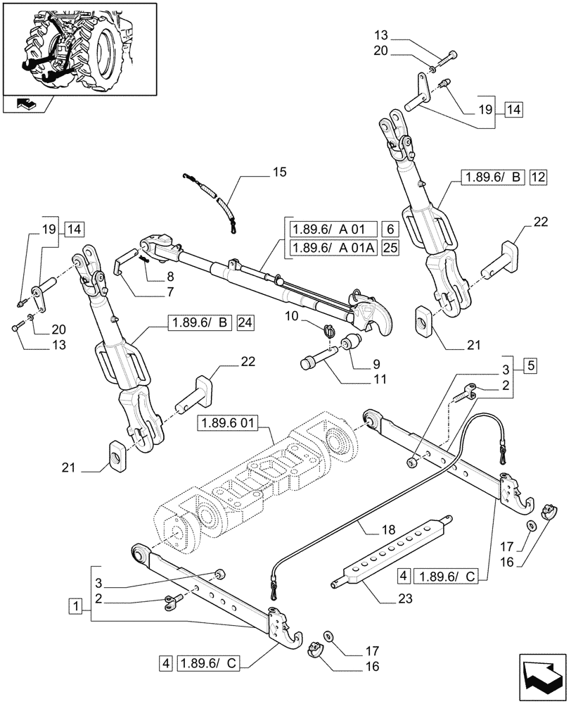 Схема запчастей Case IH MAXXUM 140 - (1.89.6[02]) - TOOLING CONNECTION UNIT - LIFT ARMS TOP LINK AND TIE-RODS (09) - IMPLEMENT LIFT