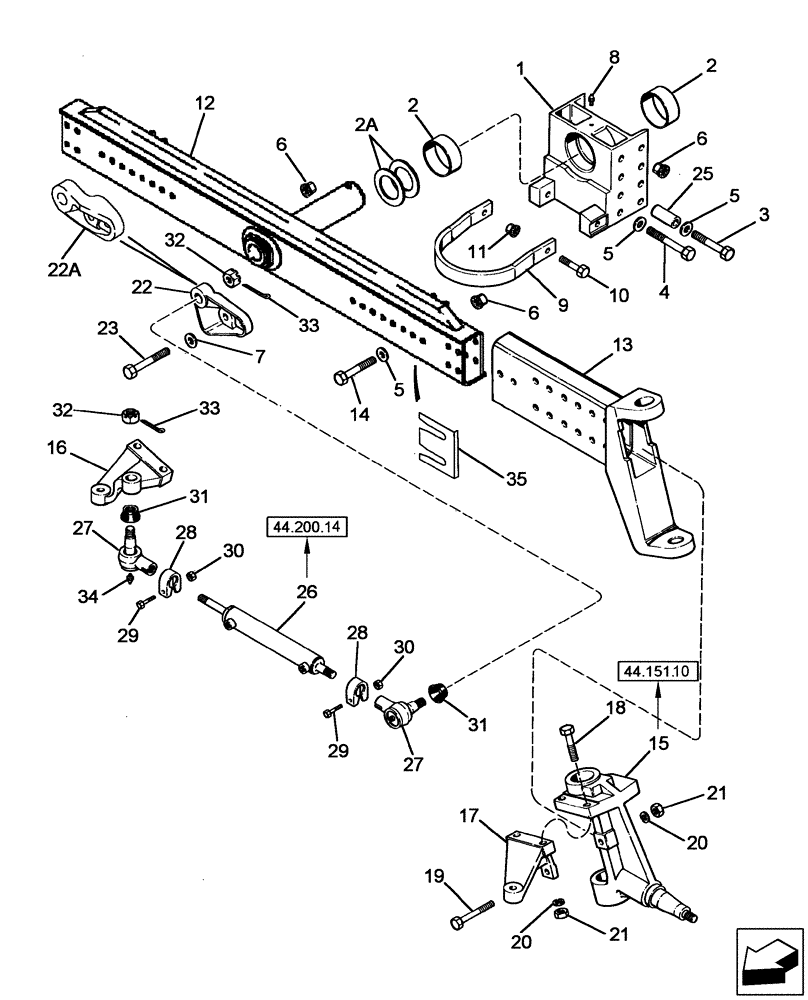 Схема запчастей Case IH 2577 - (44.151.09) - AXLE, ADJUSTABLE STEERING, DUAL CYLINDER (44) - WHEELS