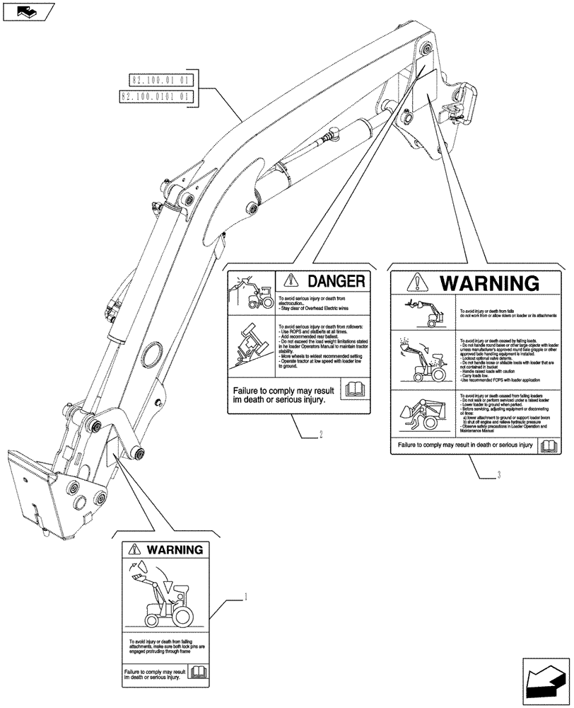 Схема запчастей Case IH FARMALL 75C - (90.108.04) - SAFETY DECALS - LOADER ARM - NAR (VAR.333489-334489-335489-339489) (90) - PLATFORM, CAB, BODYWORK AND DECALS