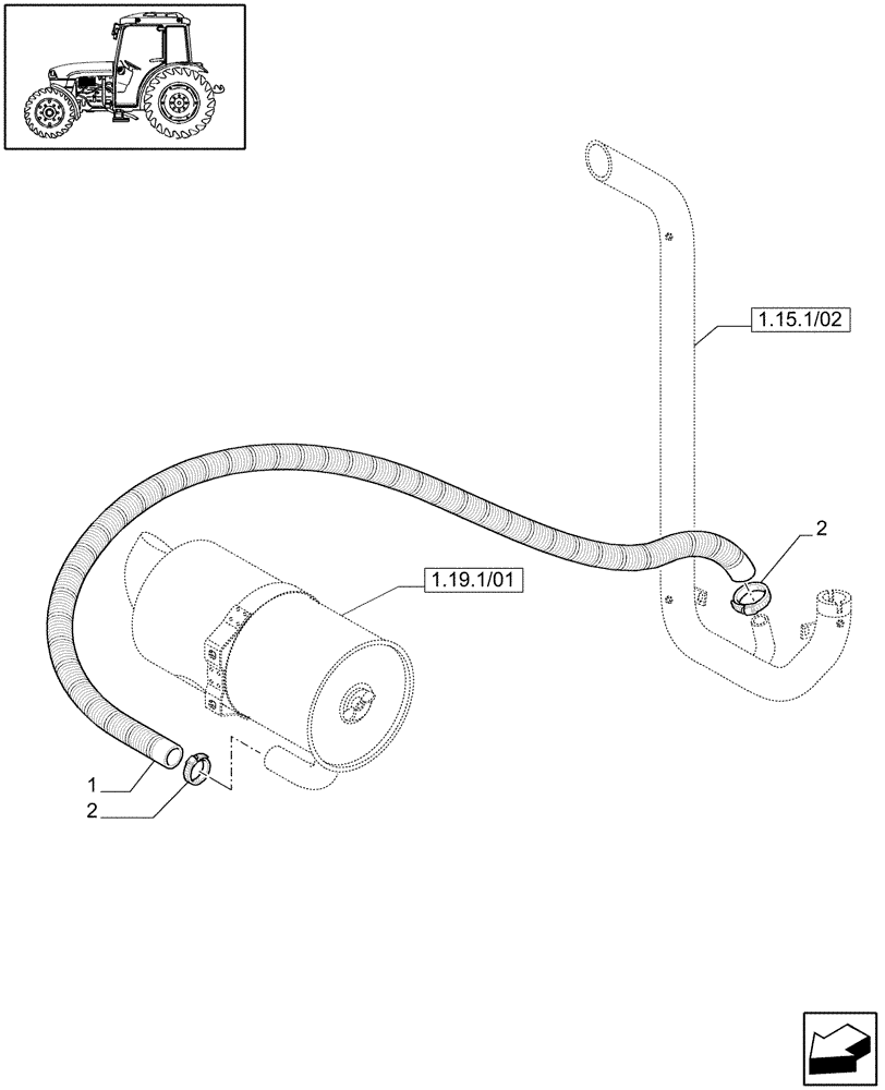 Схема запчастей Case IH JX1095C - (1.19.7/01[02]) - (VAR.199) AIR FILT. DUST EJECT. W/EXHA. GUARD SHIELD FOR VERTIC. EXHAUST - AIR CLEANER PIPING-W/CAB (02) - ENGINE EQUIPMENT