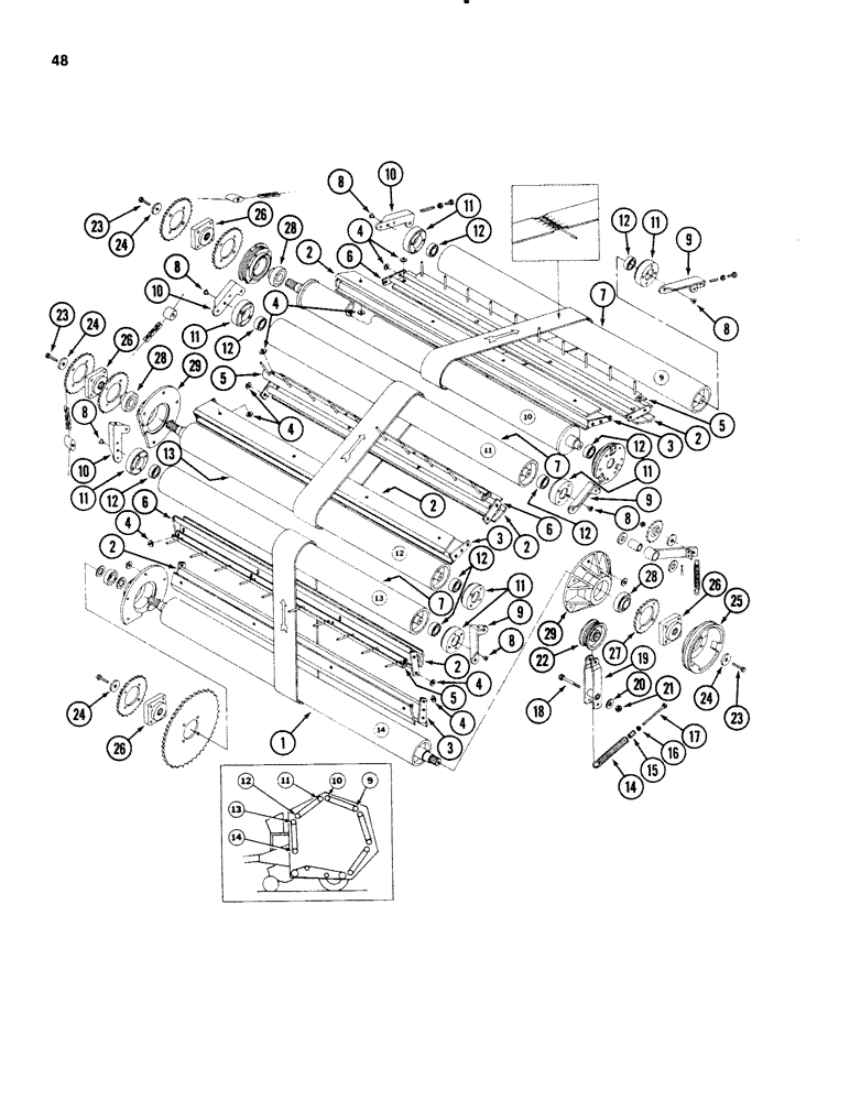 Схема запчастей Case IH 3650 - (48) - BELTS AND ROLLER ASSEMBLIES 9 - 14, MACHINES WITH 1.378" (35 MM) ID BEARINGS, PRIOR TO P.I.N. 001530 