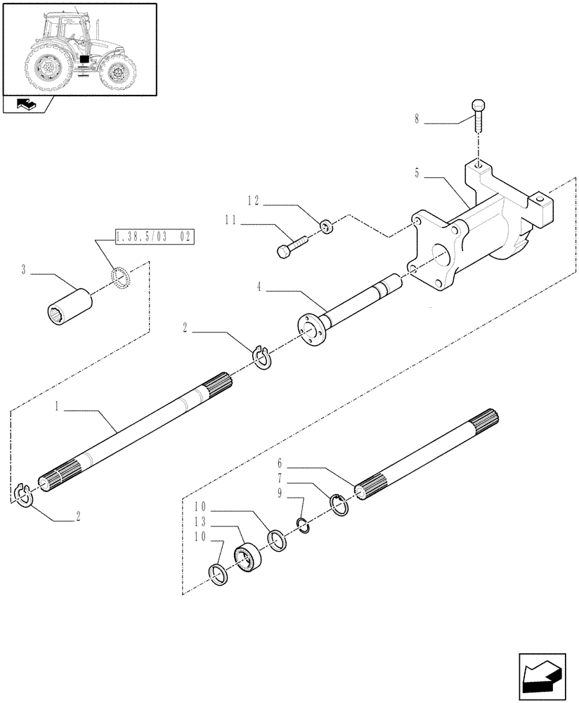 Схема запчастей Case IH FARMALL 70 - (1.38.5/03[01]) - 4WD WATER PROOF TRANSMISSION - 4WD PROPELLER SHAFT (VAR.330449) (04) - FRONT AXLE & STEERING