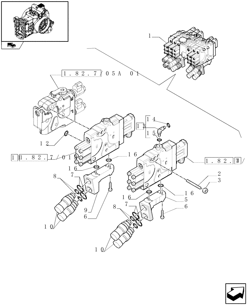 Схема запчастей Case IH PUMA 180 - (1.82.7/05A[02]) - REAR ELECTRONIC REMOTE CONTROL VALVES WITH 3 ELEMENTS - BREAKDOWN (07) - HYDRAULIC SYSTEM