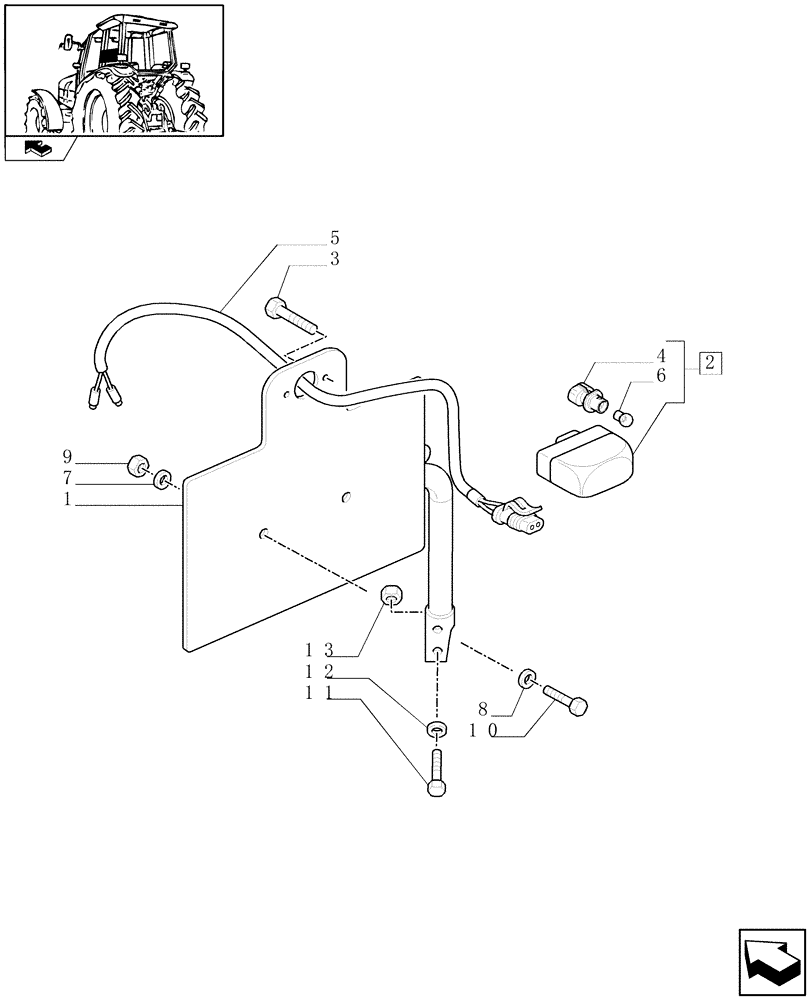 Схема запчастей Case IH PUMA 125 - (1.98.3/01[01]) - LICENSE PLATE LAMP & SUPPORT, MOUNTING ON MUDGUARD (VAR.333958) (10) - OPERATORS PLATFORM/CAB