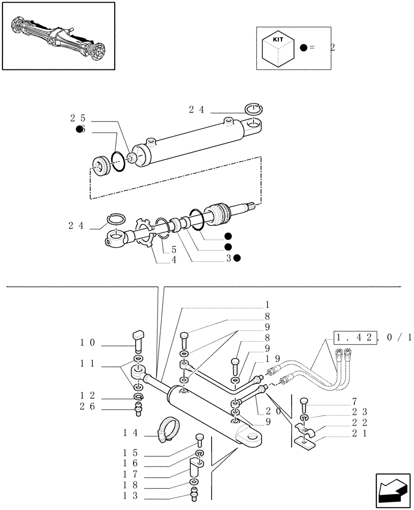 Схема запчастей Case IH JX70U - (1.40.0/12[01]) - FRONT AXLE - HYDRAULIC STEERING CYLINDER - 4WD - PARTS (04) - FRONT AXLE & STEERING