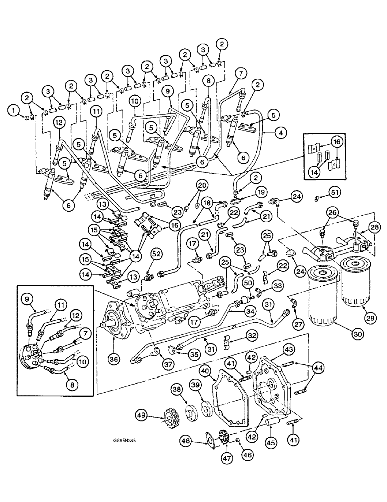 Схема запчастей Case IH D-360 - (9B-42) - FUEL INJECTION PUMP AND CONNECTIONS 