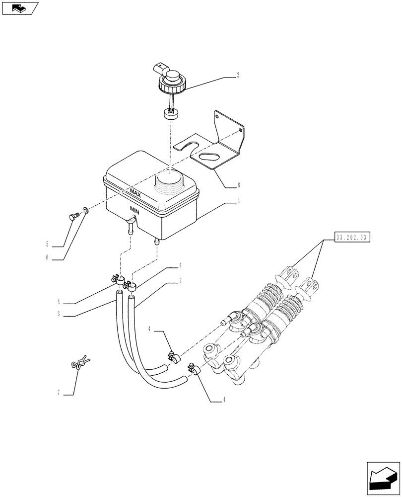 Схема запчастей Case IH FARMALL 75C - (33.202.02) - BRAKING SYSTEM TANK (33) - BRAKES & CONTROLS