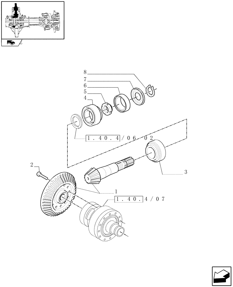 Схема запчастей Case IH PUMA 125 - (1.40.4/06[01]) - (CL.4) FRONT AXLE W/MULTI-PLATE DIFF. LOCK AND STEERING SENSOR - BEVEL GEAR PAIR - C6758 (VAR.330408) (04) - FRONT AXLE & STEERING