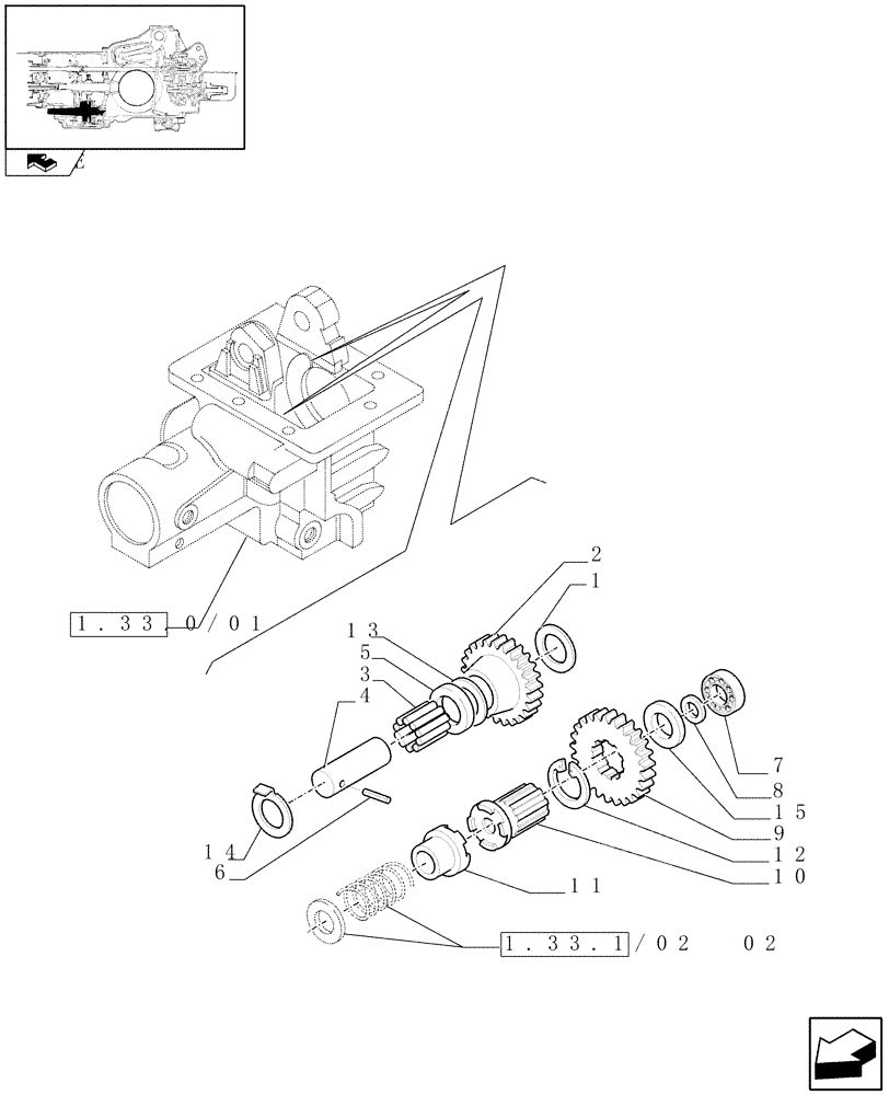 Схема запчастей Case IH FARMALL 60 - (1.33.1/02[01]) - ELECTROHYDRAULIC DIFFERENTIAL LOCK CONTROL - 4WD TRANSMISSION GEARINGS (VAR.330384-743909) (04) - FRONT AXLE & STEERING