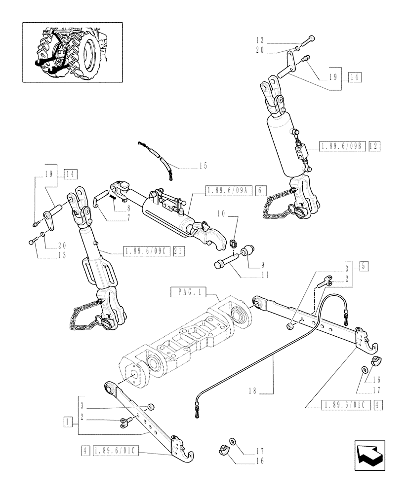 Схема запчастей Case IH MXU110 - (1.89.6/09[02]) - (VAR.484-790) RIGHT-HAND TIE ROD AND ADJUSTABLE HYDRAULIC STRUT - IMPLEMENT CONNECTOR DEVICE (09) - IMPLEMENT LIFT