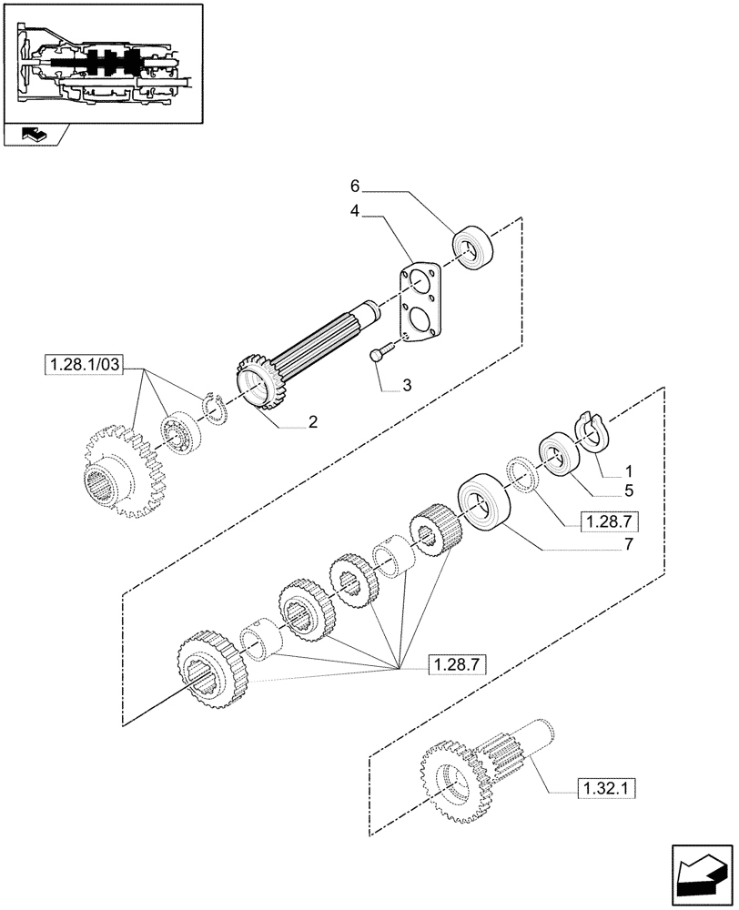 Схема запчастей Case IH FARMALL 105U - (1.28.7/08[01]) - 24X24 HI-LO POWER SHUTTLE TRANSMISSION - SPEED MAIN SHAFT AND SUPPORT (VAR.330279-331279-332279) (03) - TRANSMISSION