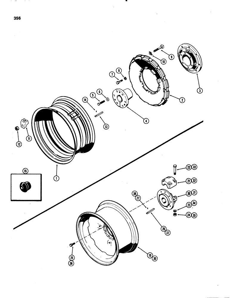 Схема запчастей Case IH 1070 - (0356) - DUAL REAR WHEELS WITH 34 INCH RIMS, USED WITH 3-1/2 INCH DIAMETER AXLE CAST (06) - POWER TRAIN