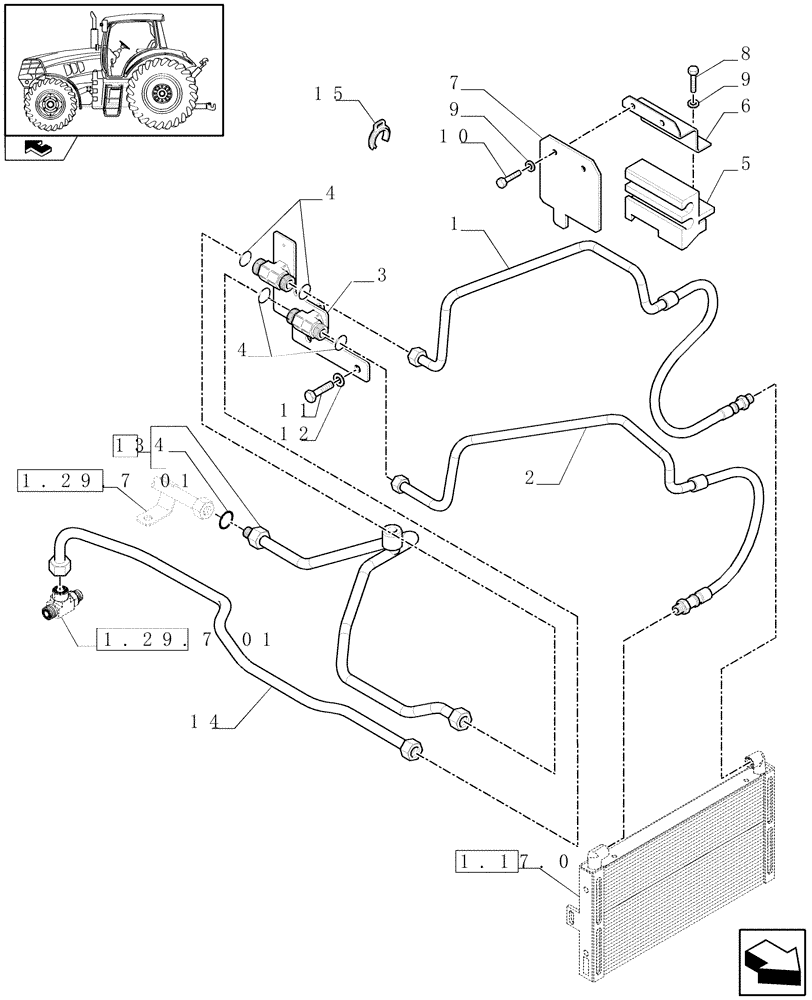 Схема запчастей Case IH PUMA 125 - (1.29.7[04]) - SEMI POWER SHIFT - TRANSMISSION OIL COOLER - PIPES (03) - TRANSMISSION