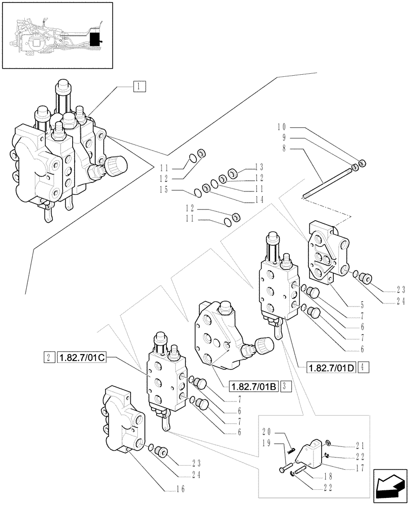 Схема запчастей Case IH JX1090U - (1.82.7/01A) - (VAR.386-389) TWO FRONT CONTROL VALVES - PARTS AND BODY SIDES (07) - HYDRAULIC SYSTEM