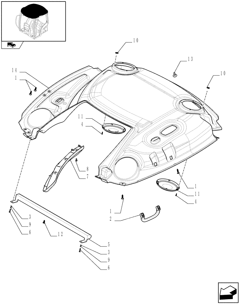 Схема запчастей Case IH MAXXUM 140 - (1.94.0/01[03]) - NAR ROOF WITH HIGH PROFILE WITH HIGH VISIBILITY PANEL - HEADLINER (10) - OPERATORS PLATFORM/CAB
