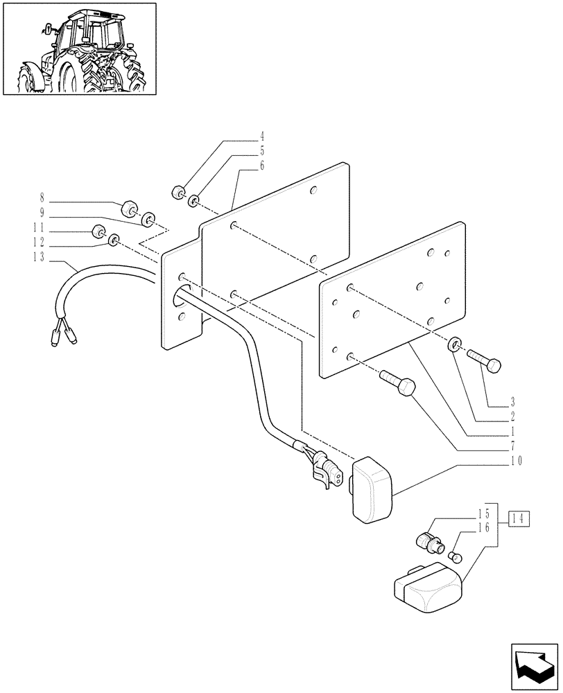 Схема запчастей Case IH MXU100 - (1.98.3/01[02]) - (VAR.965) LICENSE PLATE LAMP & SUPPORT, MOUNTING ON MUDGUARD (L/CAB) (10) - OPERATORS PLATFORM/CAB