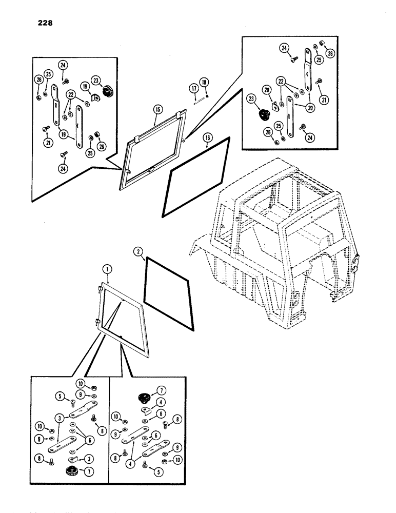 Схема запчастей Case IH 1170 - (228) - CAB, WINDOWS, HINSON (09) - CHASSIS/ATTACHMENTS