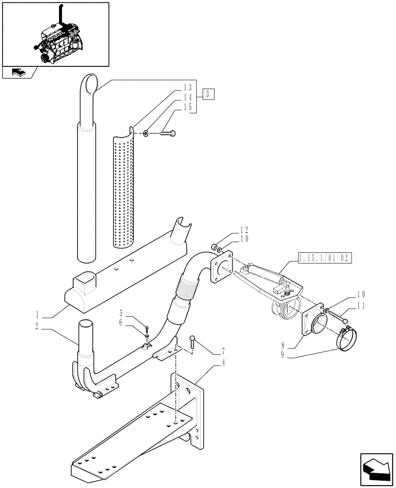 Схема запчастей Case IH PUMA 155 - (1.15.1/01[01]) - VERTICAL EXHAUST WITH EXHAUST BRAKE - EXHAUST SYSTEM AND SUPPORT (VAR.330468) (02) - ENGINE EQUIPMENT