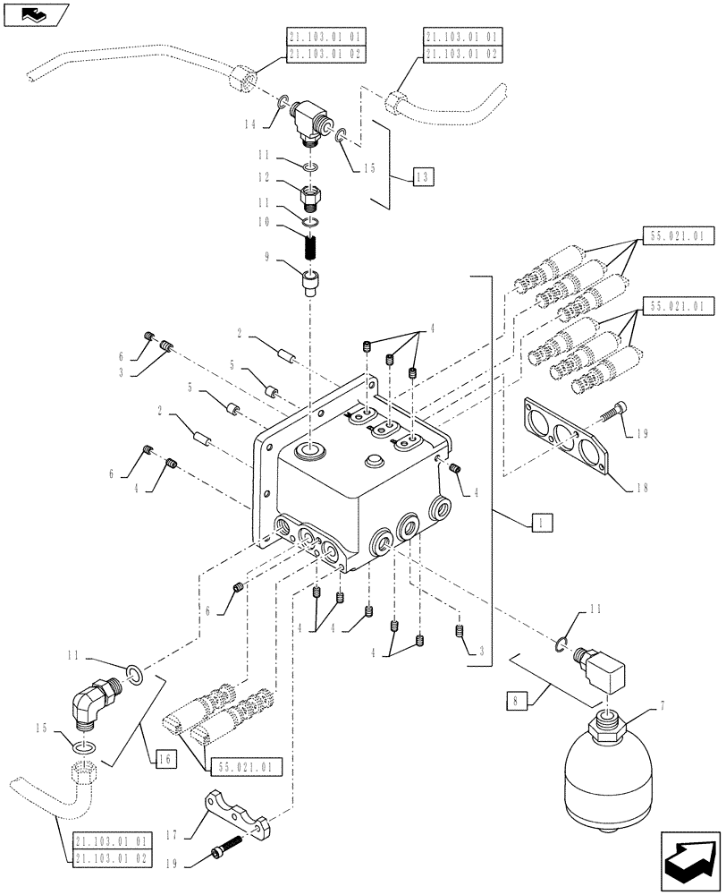 Схема запчастей Case IH PUMA 130 - (21.133.01) - VAR - 390283 - SPS TRANSMISSION - REDUCTION UNIT VALVE BLOCK - SUPPORT AND ACCUMULATOR (21) - TRANSMISSION