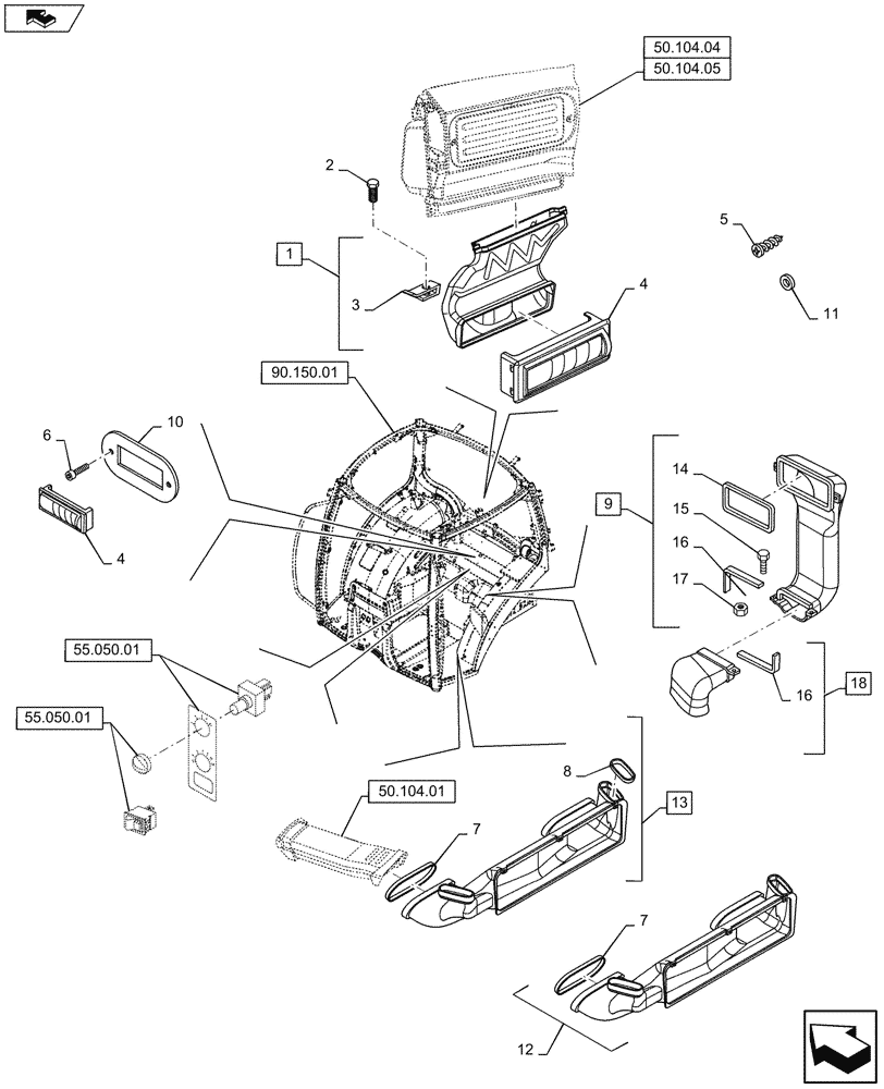 Схема запчастей Case IH PUMA 145 - (50.104.02) - HEATING/AIR CONDITIONING - VENTILATION DUCTS (50) - CAB CLIMATE CONTROL