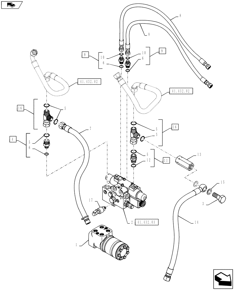 Схема запчастей Case IH PUMA 130 - (41.432.01) - VAR - 330077, 331077 - AUTO GUIDANCE SYSTEM READY - VALVES AND PIPES (41) - STEERING