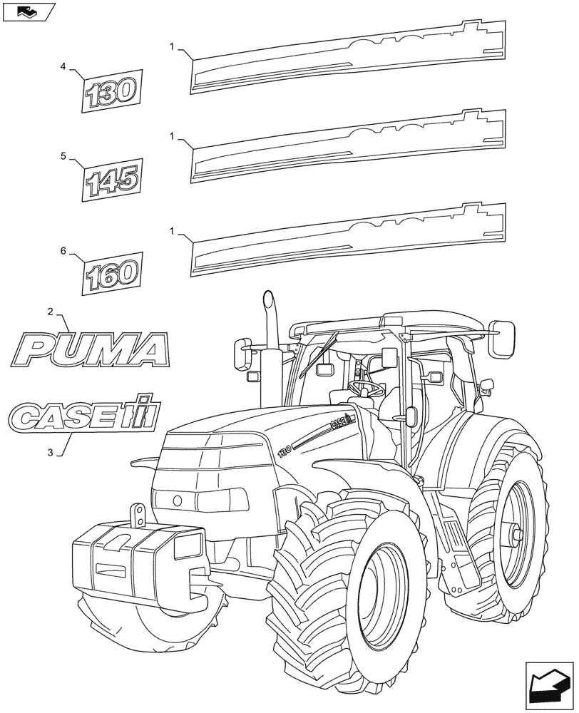 Схема запчастей Case IH PUMA 130 - (90.108.10) - MODEL IDENTIFICATION DECALS (90) - PLATFORM, CAB, BODYWORK AND DECALS