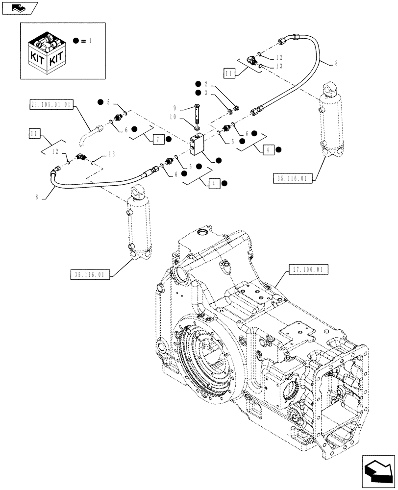 Схема запчастей Case IH PUMA 160 - (21.105.02) - LIFT CYLINDER LUBRICATION PIPES AND REAR LUBRICATION BLOCK (21) - TRANSMISSION