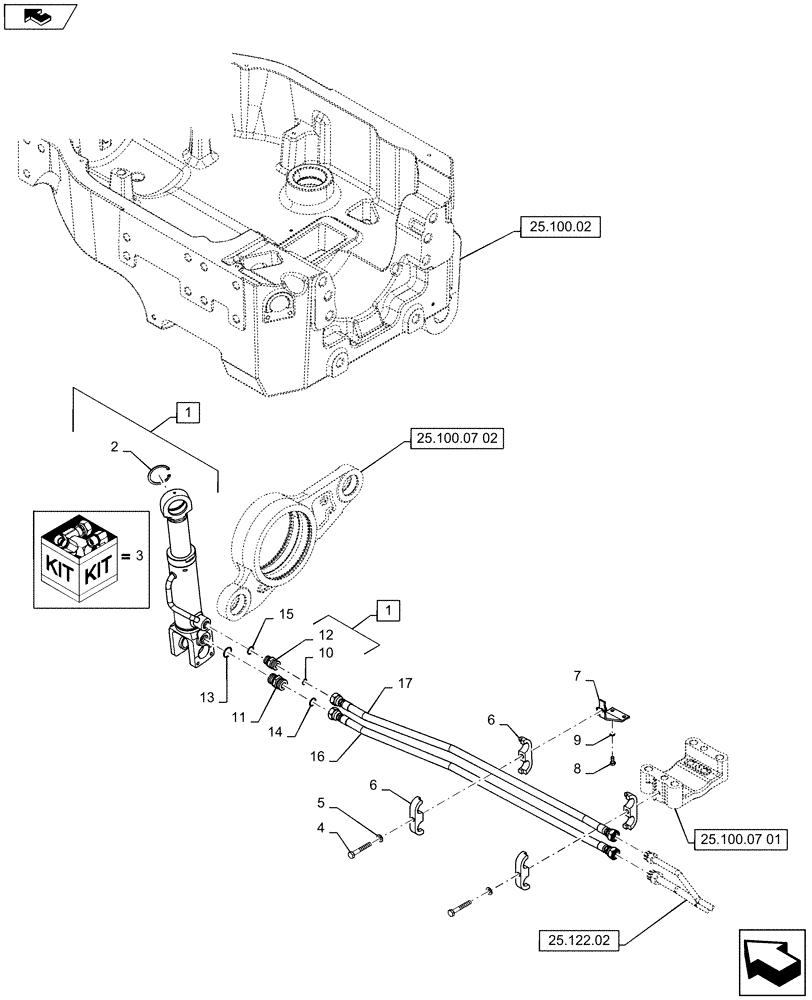 Схема запчастей Case IH PUMA 145 - (25.122.01) - VAR - 330414, 330427, 330429, 330430 - SUSPENDED FRONT AXLE - HYDRAULIC CYLINDER & LINES (25) - FRONT AXLE SYSTEM