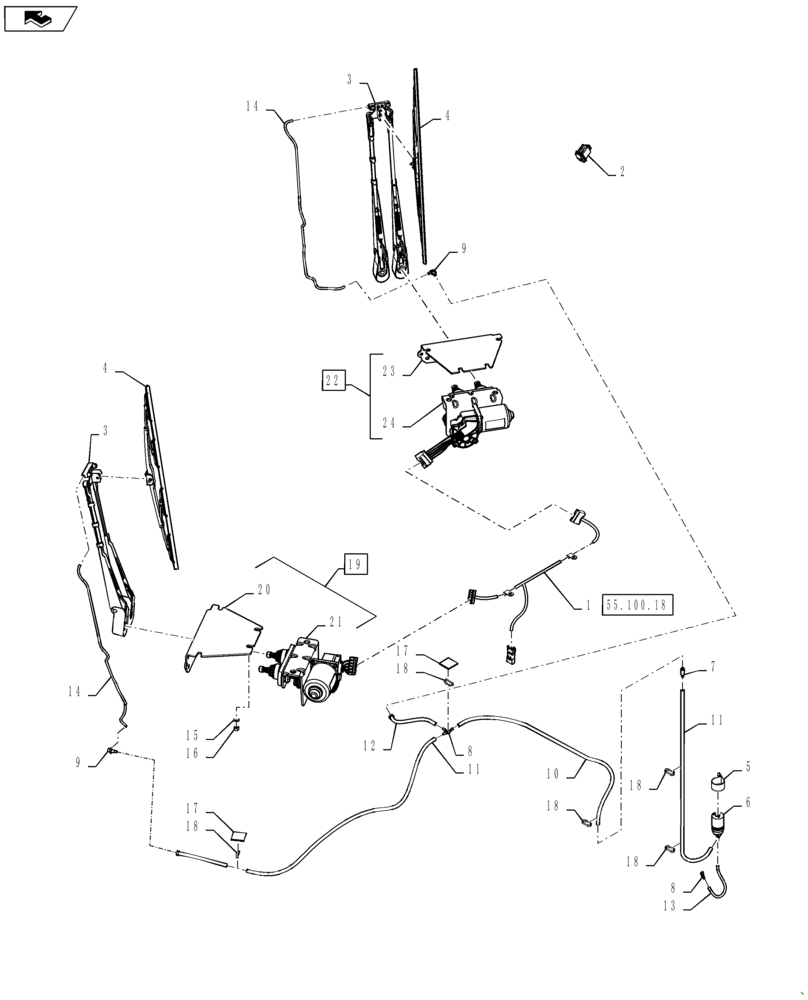 Схема запчастей Case IH STEIGER 400 - (55.518.05) - WINDSHIELD WIPER - LOWER FRONT & PLUMBING, LUXURY CAB - WHEELED (55) - ELECTRICAL SYSTEMS