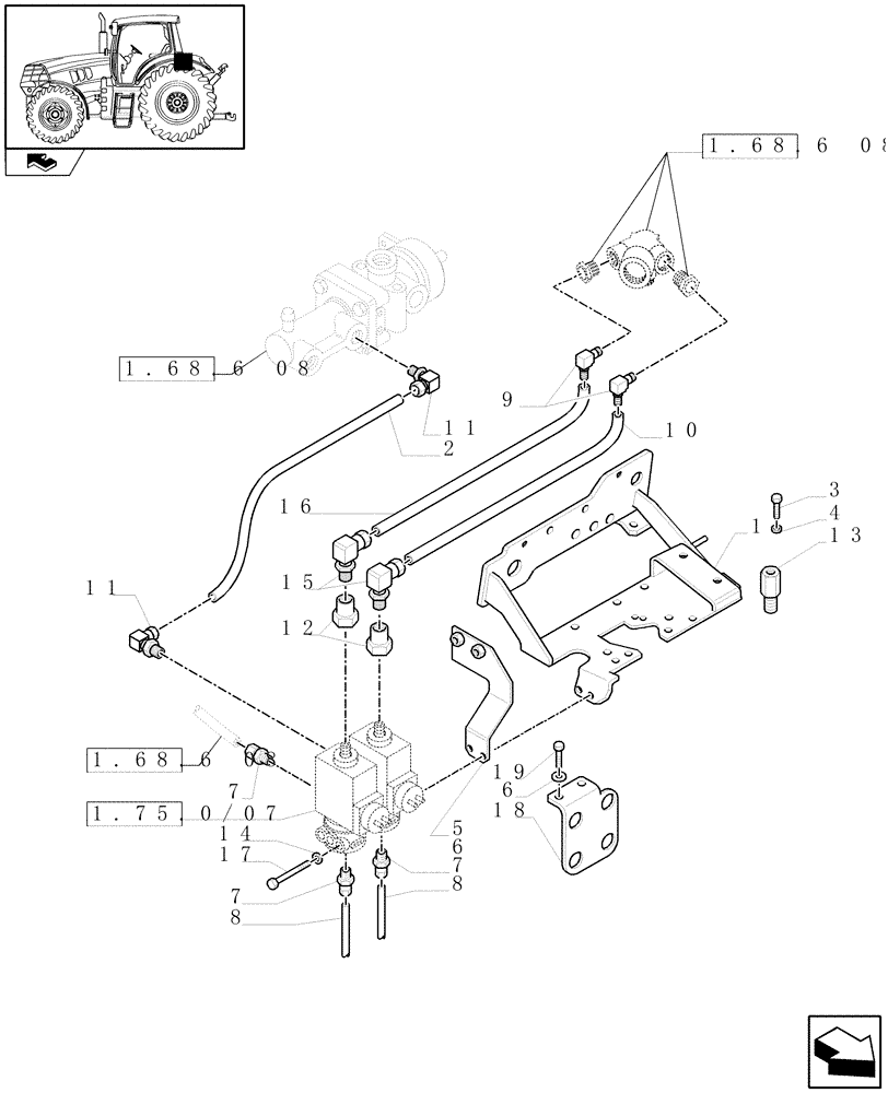 Схема запчастей Case IH MAXXUM 110 - (1.68.6[07]) - PNEUMATIC TRAILER BRAKE - CONTROL VALVE AND RELEVANT PARTS (VAR.332727-332737-332739) (05) - REAR AXLE