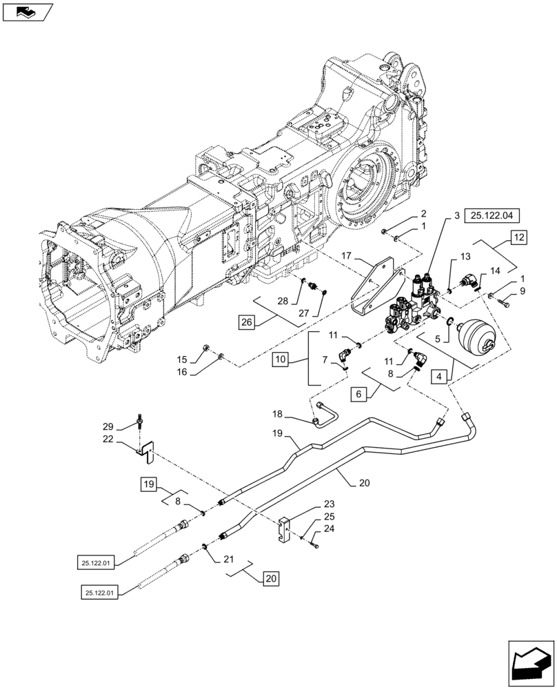 Схема запчастей Case IH PUMA 145 - (25.122.02) - VAR - 330414, 330427, 330429, 330430 - SUSPENDED FRONT AXLE - SUSPENSION CONTROL VALVE & LINES (25) - FRONT AXLE SYSTEM