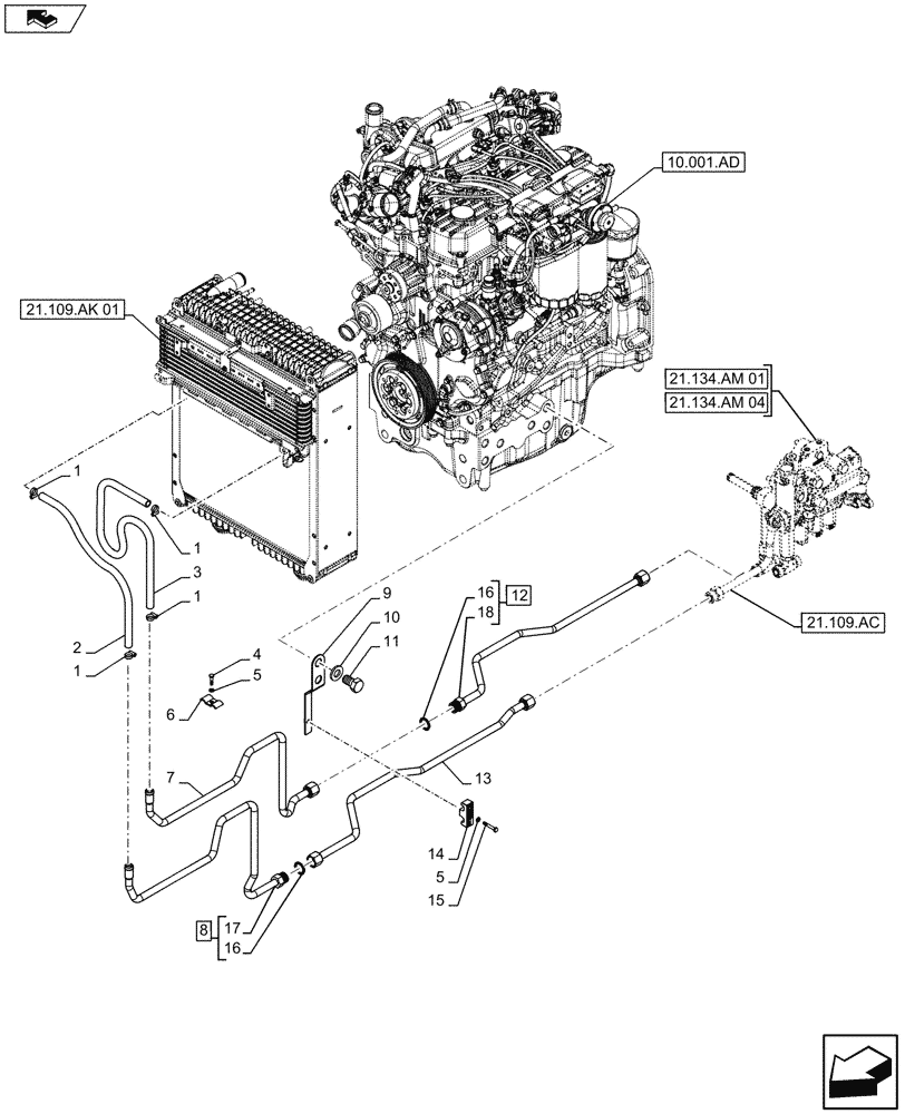 Схема запчастей Case IH FARMALL 115U - (21.109.AD[01]) - STD + VAR - 390174 - OIL COOLER LINE (21) - TRANSMISSION