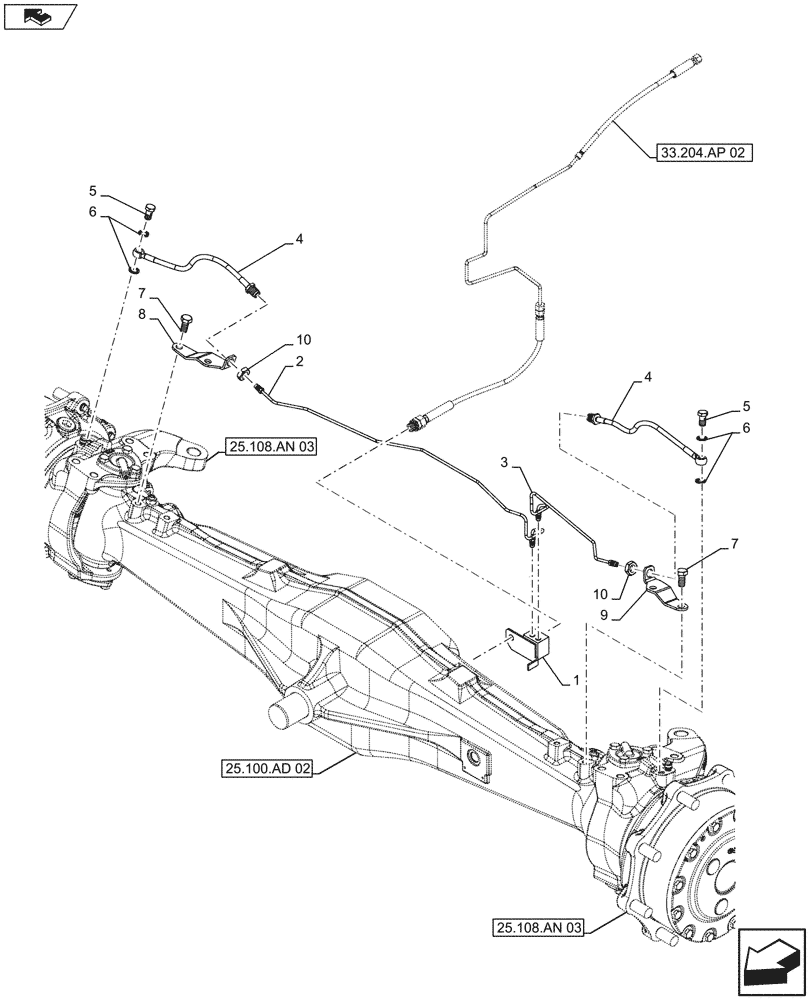 Схема запчастей Case IH FARMALL 105U - (33.204.AG) - VAR - 330415 - 4WD FRONT AXLE, W/ HYDRAULIC DIFFERENTIAL LOCK, BRAKE LINE, ISO (33) - BRAKES & CONTROLS