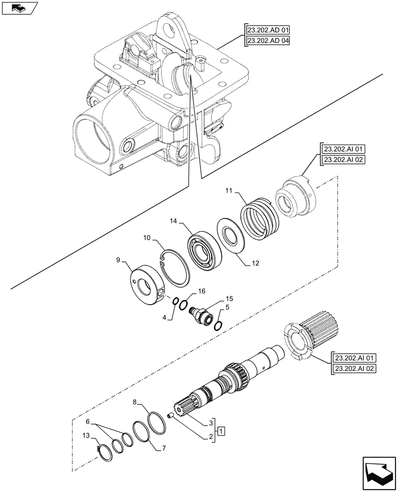 Схема запчастей Case IH FARMALL 105U - (23.202.AD[02]) - STD + VAR - 743931, 743932 - 4WD, ELECTROHYDRAULIC ENGAGEMENT, SHAFT (23) - FOUR WHEEL DRIVE SYSTEM