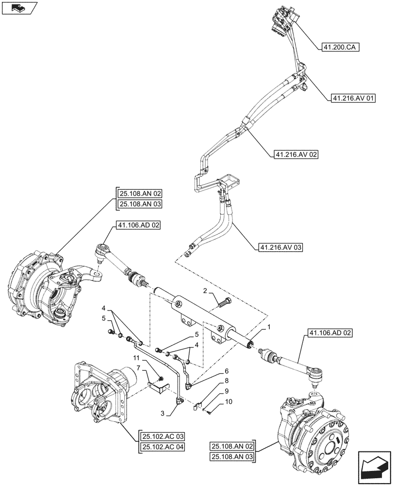 Схема запчастей Case IH FARMALL 105U - (41.216.AA[02]) - VAR - 330308, 330415 - 4WD FRONT AXLE, STEERING CYLINDER, W/ HYDRAULIC DIFFERENTIAL LOCK, ISO (41) - STEERING