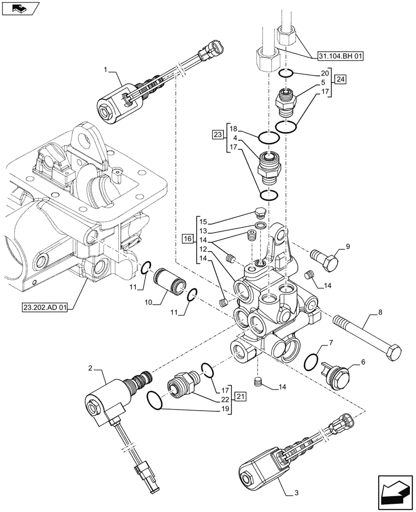 Схема запчастей Case IH FARMALL 115U - (23.202.AJ[01]) - STD + VAR - 743933 - DIFFERENTIAL LOCK, VALVE (23) - FOUR WHEEL DRIVE SYSTEM