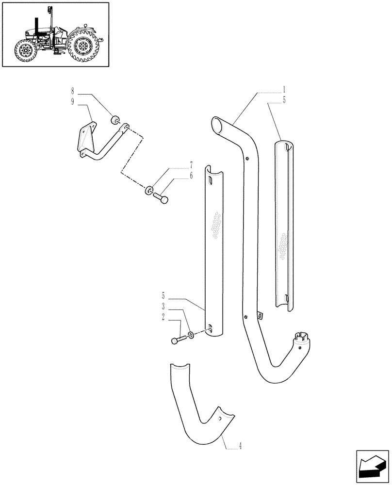 Схема запчастей Case IH JX1085C - (1.15.1/05[02]) - (VAR.504) AIR FILTER DUST EJECTOR W/EXHAUST GUARD SHIELD FOR "A" PILLAR - SILENCER (MUFFLER) - D5177 (02) - ENGINE EQUIPMENT