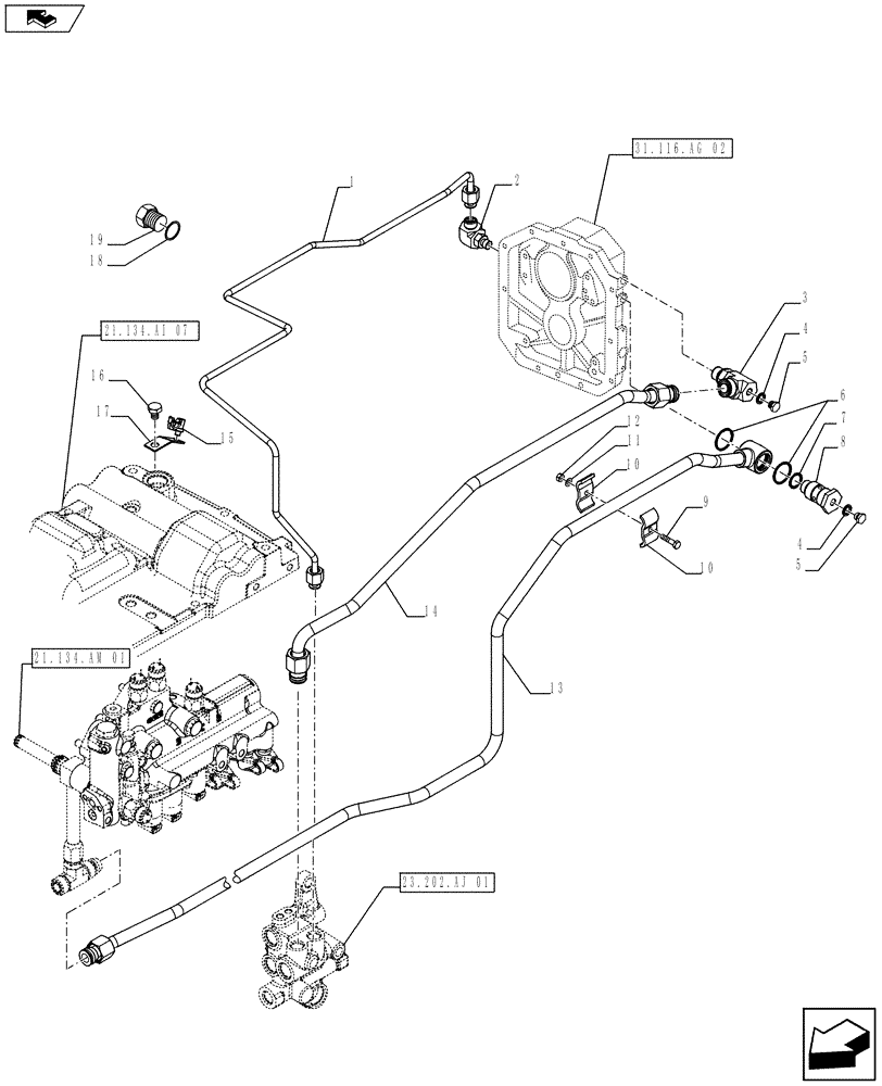 Схема запчастей Case IH FARMALL 115U - (31.104.BH[02]) - VAR - 331819 - PTO 540/540E/1000 RPM, HYDR LINES, W/ GROUND SPEED, ISO (31) - IMPLEMENT POWER TAKE OFF