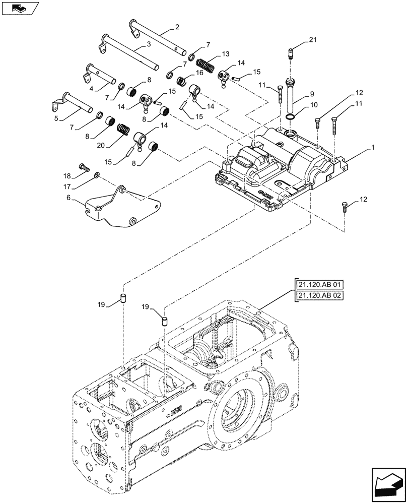 Схема запчастей Case IH FARMALL 115U - (21.134.AI[03]) - STD + VAR - 332279, 332299, 390181 - TRANSMISSION, CONTROL, INSIDE (21) - TRANSMISSION