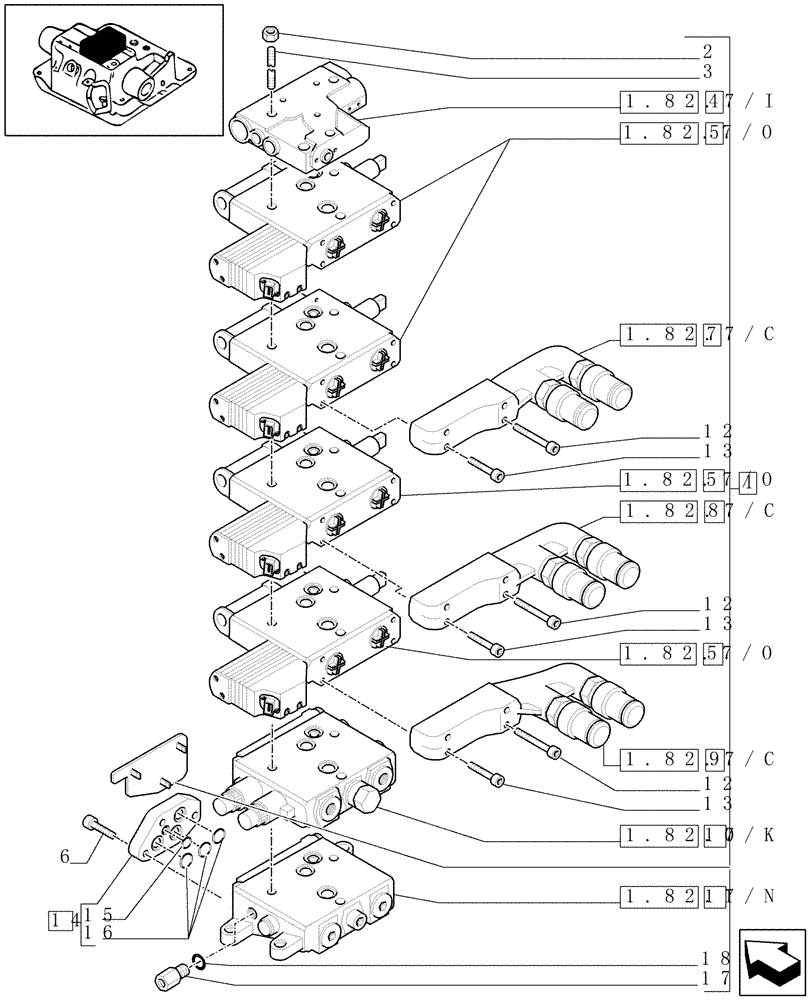 Схема запчастей Case IH MXU100 - (1.82.7/26[04]) - (VAR.363) 4 CCLS (EDC) ELECTRONIC CONTROL VALVES AND ASSOCIATED PARTS - D5504 (07) - HYDRAULIC SYSTEM