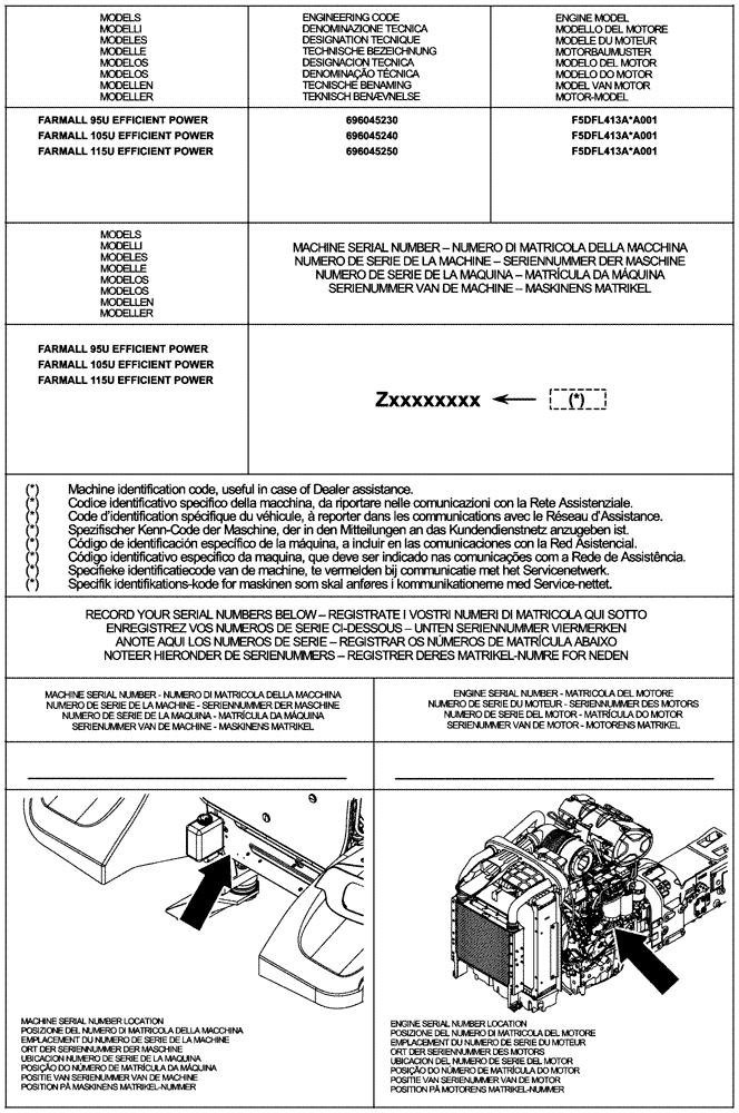 Схема запчастей Case IH FARMALL 115U - (00.100.01) - IDENTIFICATION PLATE AND VERSION LIST (00) - GENERAL & PICTORIAL INDEX