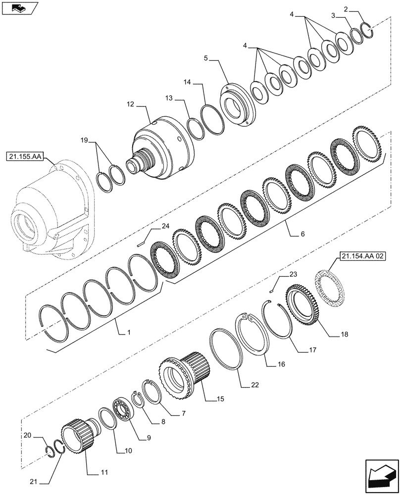 Схема запчастей Case IH FARMALL 115U - (21.154.AA[01]) - STD + VAR - 332279, 332299, 390181 - CLUTCH HOUSING (21) - TRANSMISSION