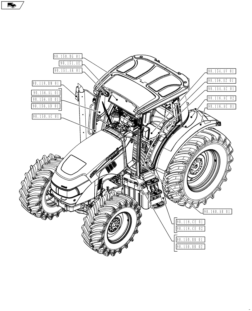 Схема запчастей Case IH FARMALL 115U - (00.000.90[02]) - PICTORIAL INDEX - PLATFORM, CAB, BODYWORK AND DECALS (00) - GENERAL & PICTORIAL INDEX