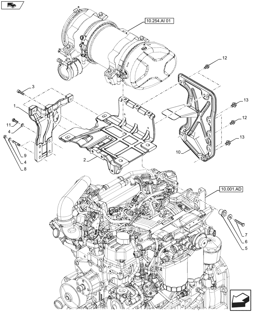 Схема запчастей Case IH FARMALL 115U - (10.254.AI[04]) - STD + VAR - 390446 - MUFFLER, SUPPORT (10) - ENGINE