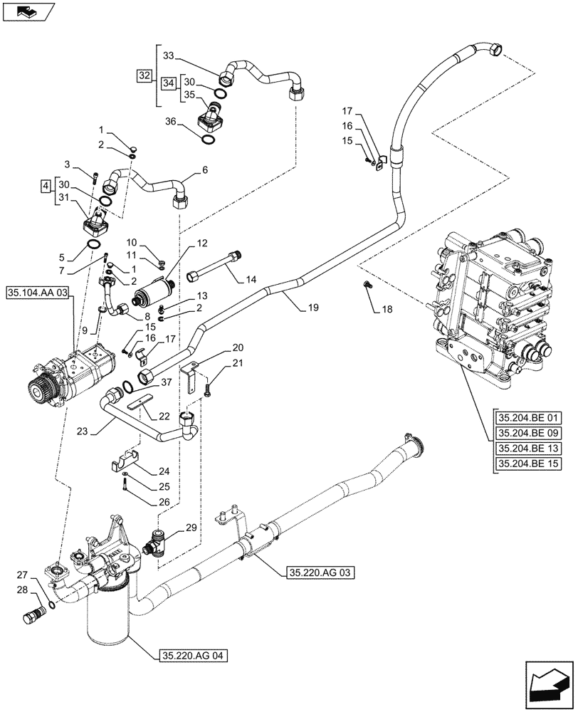 Схема запчастей Case IH FARMALL 115U - (35.204.BJ[02]) - VAR - 331690 - DELIVERY PIPE, STEERING LINE (35) - HYDRAULIC SYSTEMS