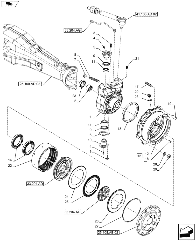 Схема запчастей Case IH FARMALL 105U - (25.108.AN[03]) - VAR - 330415 - 4WD FRONT AXLE, STEERING KNUCKLE, HUB, W/ HYDRAULIC DIFFERENTIAL LOCK, ISO (25) - FRONT AXLE SYSTEM