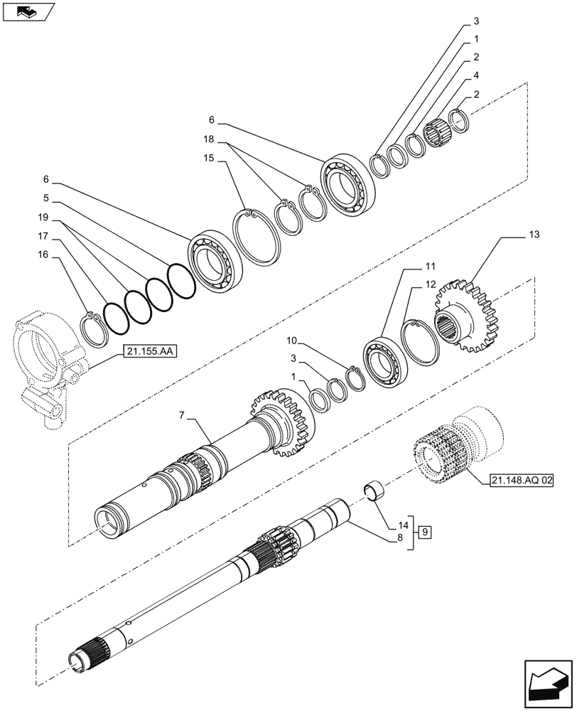 Схема запчастей Case IH FARMALL 105U - (21.148.AL[02]) - VAR - 332299 - TRANSMISSION (20X20), SHAFT (1ST/2ND) (1ST/2ND) (21) - TRANSMISSION