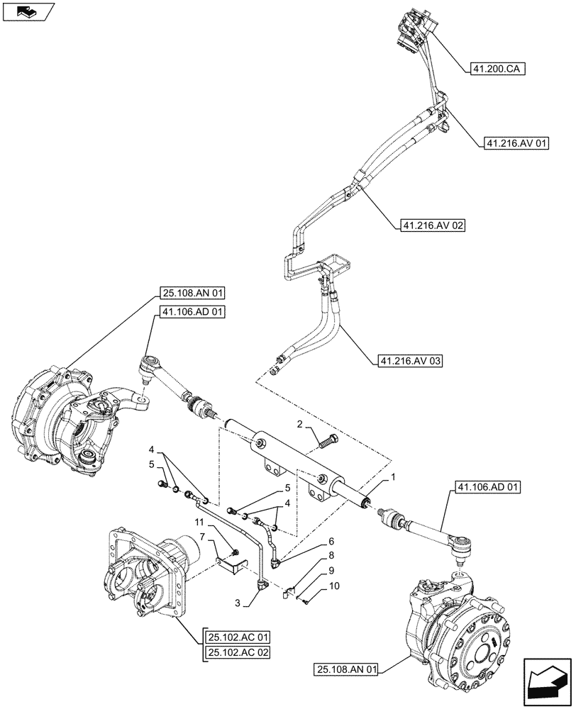 Схема запчастей Case IH FARMALL 105U - (41.216.AA[01]) - STD + VAR - 390399 - 4WD FRONT AXLE, STEERING CYLINDER, W/ LIMITED SLIP DIFFERENTIAL (41) - STEERING